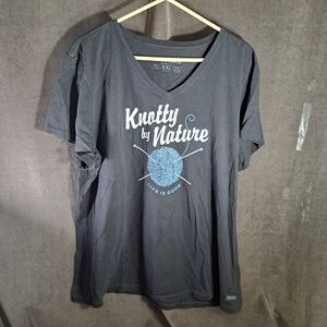 Life Is Good Knotty by Nature Knitting Dark Grey Graphic V-Neck Tee VG XXL